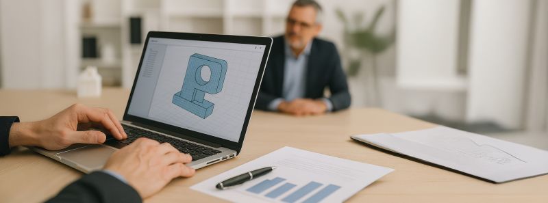 Technisches 3D-Modell auf einem Laptop neben Projektunterlagen